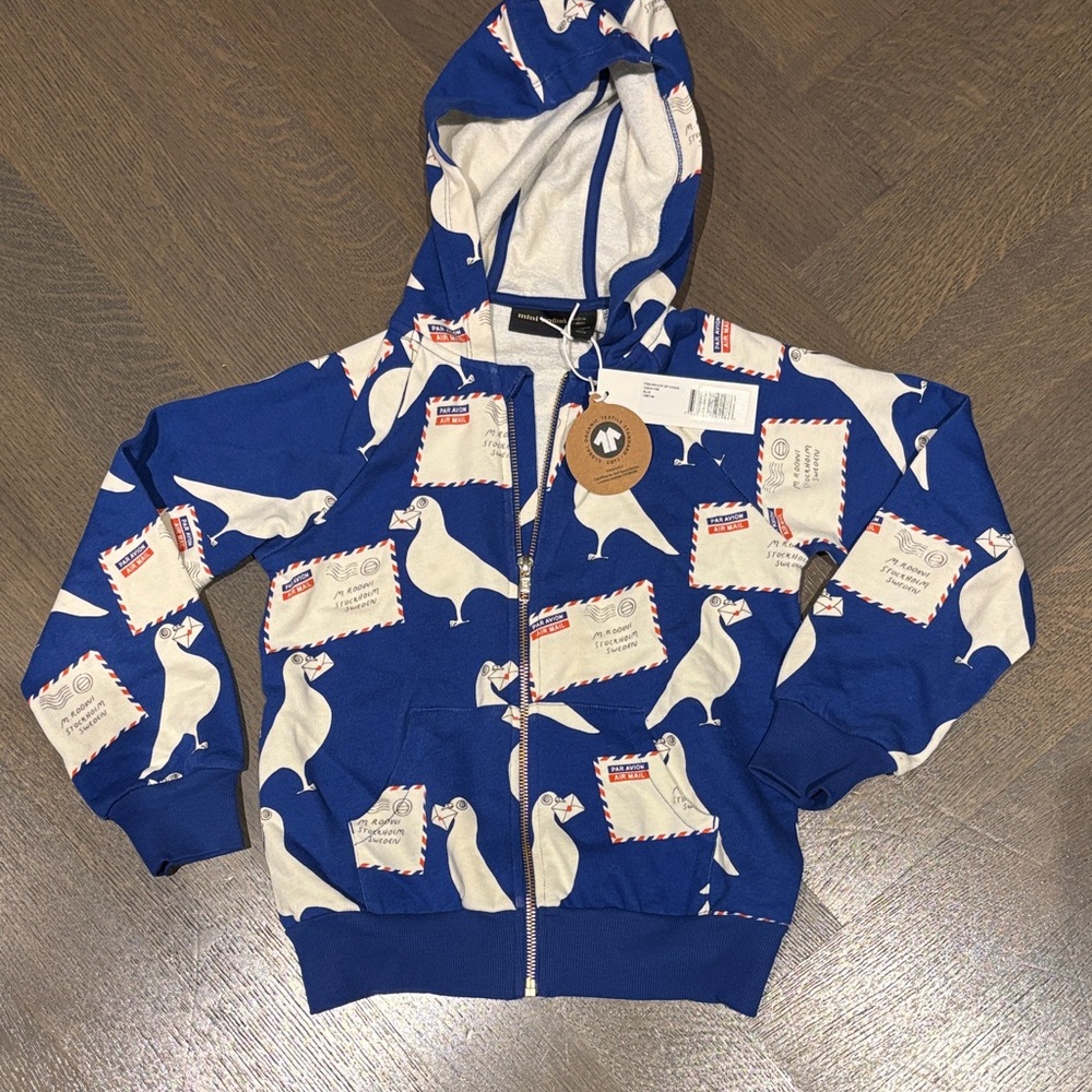 Mini Rodini 100% organic cotton Blue full zip  sweatshirt with pigeon detail.